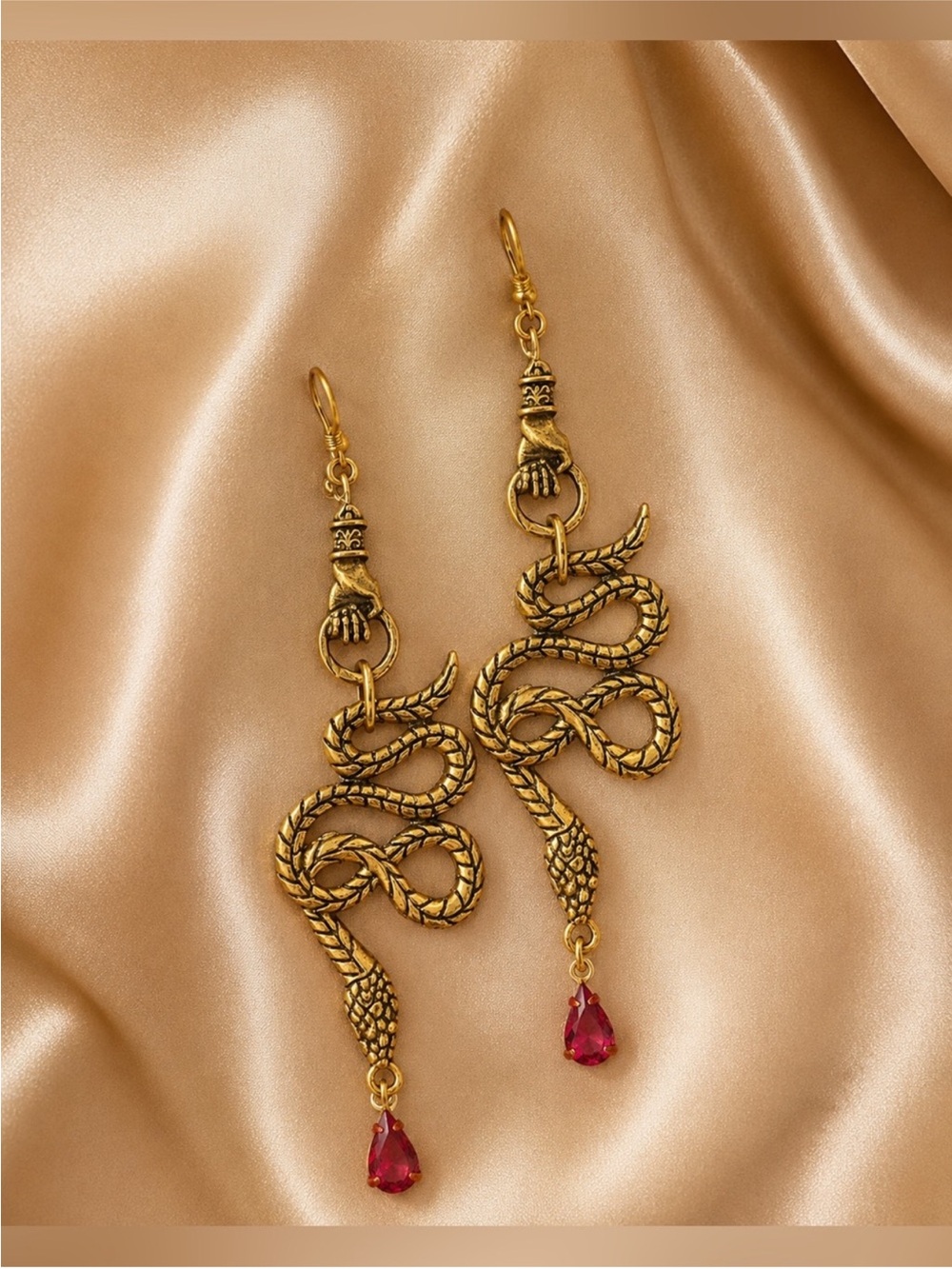 24k Gold Plated Snake Drop Earrings Red Crystal Serpent Statement Dangle Jewelry